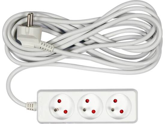 ELEKTRICKÝ PRODLUŽOVACÍ KABEL, BÍLÝ, 3 ZÁSUVKY S UZEMNĚNÍM, 5M