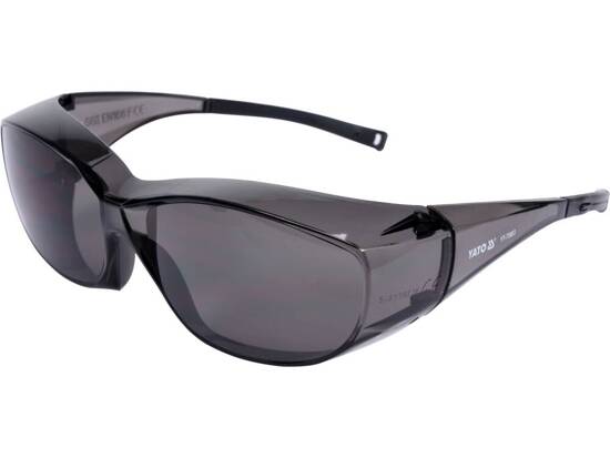 GREY SAFETY GLASSES, FIT OVER TYPE, W/ BLACK TIPS