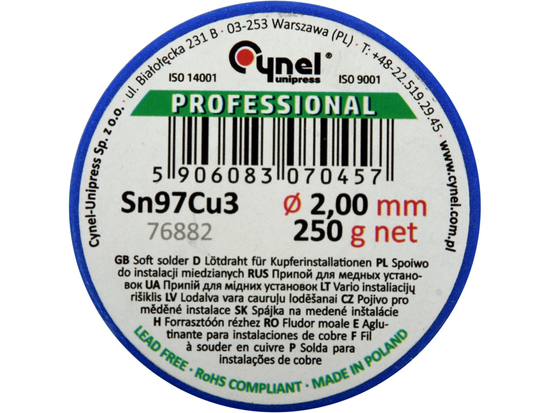 LIANT, FIL À SOUDER POUR INSTALLATIONS EN CUIVRE SUR BOBINE 2.0MM, 250G, SN97CU3
