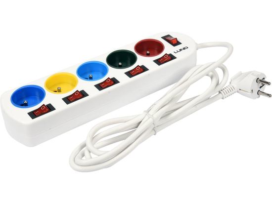 PRODLUŽOVACÍ KABEL NAPÁJECÍ PÁS 5 ZEMNĚNÝCH ZÁSUVEK, KAŽDÁ S JEDNOTLIVÝM VYPÍNAČEM