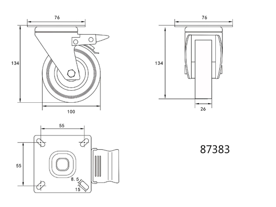STURES 100MM AR PELĒKU GUMIJU UN BREMZĒM