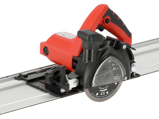 ŘEZACÍ STROJ S 125MM 1400W VEDENÍM NA KRÉB, S FUNKCÍ SRÁŽENÍ OBKLADŮ A PŘIPOJENÍM VYSAVAČE