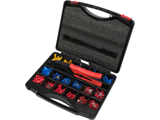 CONJUNTO DE CONECTORES ELÉTRICOS COM FERRAMENTA DE CRIPAGEM. O CONJUNTO CONTÉM 551 ELEMENTOS.