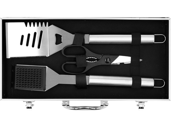 ENSEMBLE DE GRILLADES EN ÉTUI. 7 PIÈCES, INOX