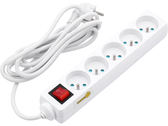 CÂBLE D'EXTENSION ÉLECTRIQUE, BLANC, 5 PRISES AVEC MISE À LA TERRE, 3M AVEC INTERRUPTEUR