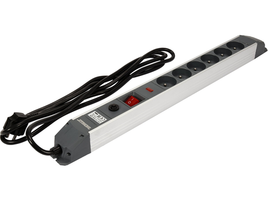 RALLONGE MULTIPRISE DANS BOÎTIER EN ALUMINIUM AVEC PROTECTION CONTRE LES SURTENSIONS ET LES SURCHARGES, 6 PRISES AVEC INTERRUPTEUR D