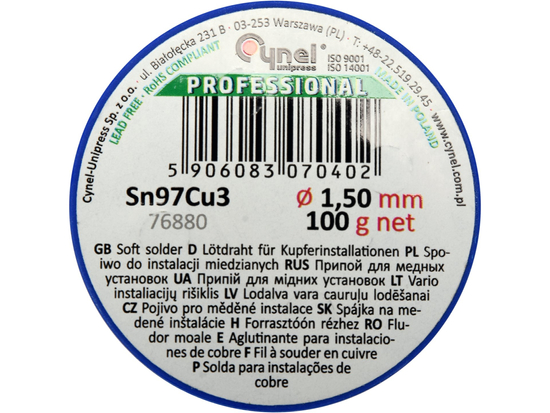 POJIVAČ, PÁJECÍ DRÁT PRO MĚDĚNÉ INSTALACE NA CÍVKU 1,5MM, 100G, SN97CU3