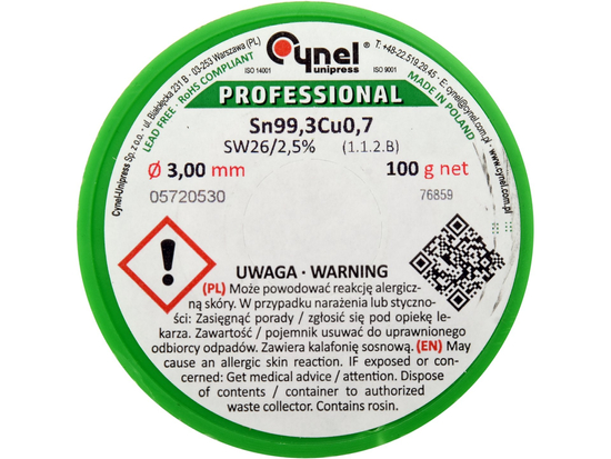 SAISTĒJA, BEZSVVA LODĒŠANAS STĀDE AR PLŪSMU UZ SPOLES 3.0MM, 100G, SN99.3CU0.7