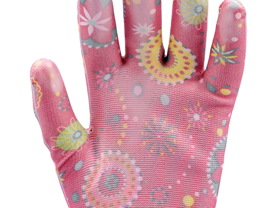 GARDEN POLYESTER GLOVES WITH PU PALM COATING WITH DARK ROSE FLOWERS PRINTING