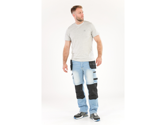SKUTEČNÉ PRACOVNÍ KALHOTY STRETCH DŽÍNY SVĚTLE MODRÉ VEL. L/XL