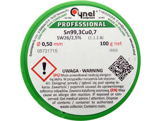 RIŠATIKLIS, BEŠVINIS LIDUOTUVAS SU FLUX ANT RIČIŲ 0.5MM, 100G, SN99,3CU0.7