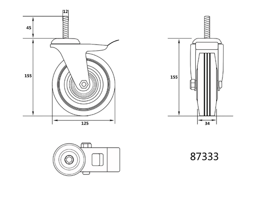 RITENS 125MM, STŪRE, AR MELNU GUMIJU, BREMŽU UN VĪTNES KĀTU, AR GULTŅIEM