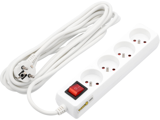 ELEKTRICKÝ PRODLUŽOVACÍ KABEL, BÍLÝ, 4 ZÁSUVKY S UZEMNĚNÍM, 5M S VYPÍNAČEM