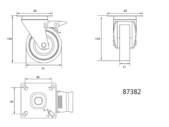 BRAKE SWIVEL CASTER WITH GREY RUBBER