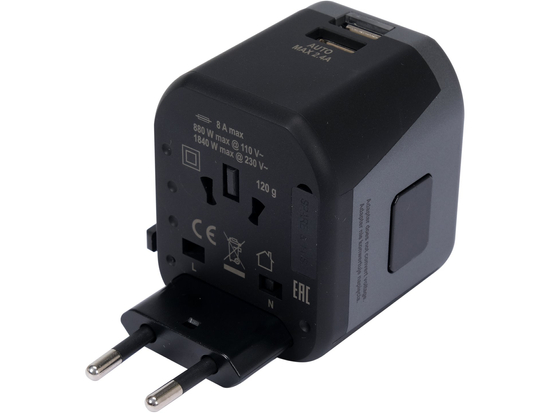 ADATTATORE DA VIAGGIO UNIVERSALE PER OLTRE 150 PAESI CON 2 CARICATORI USB 5V/2,4A