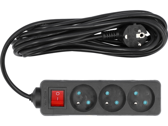 ELEKTROS PAILGINIMO KABELIS, JUODAS, 3 LIZDAI SU ĮŽEMINIMU, 5M SU JUNGIKLIU