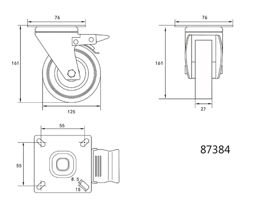 STŪRE 125MM AR PELĒKU GUMIJU UN BREMZĒM