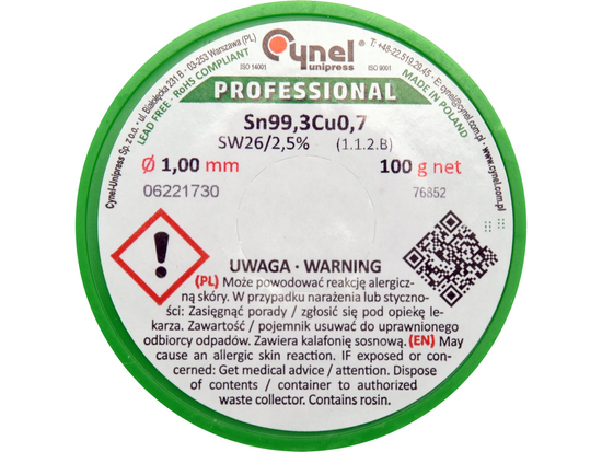 SAISTĒJS, BEZSVINA LODĒŠANAS STADELS AR PLŪSMU UZ SPOLES 1,0 MM, 100 G, SN99.3CU0.7