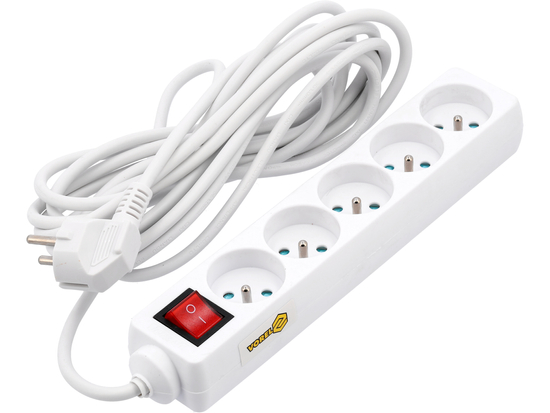 ELEKTRICKÝ PREDLŽOVACÍ KÁBEL, BIELY, 5 ZÁSUVEK S UZEMNENÍM, 5M S VYPÍNAČOM