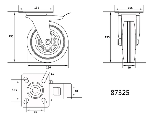 KÓŁKO SKRĘTNE Z CZARNĄ GUMĄ I HAMULCEM 160MM