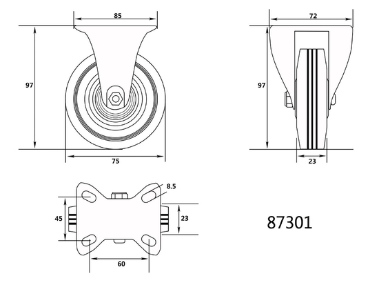 RODA FIXA COM BORRACHA PRETA 75MM