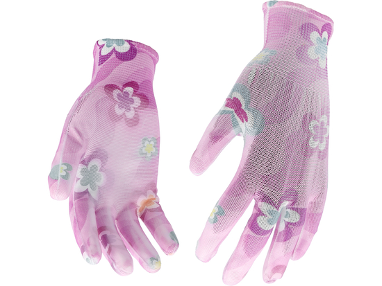 GARDEN POLYESTER GLOVES WITH PU PALM COATING WITH LIGHT ROSE FLOWER PRINTING