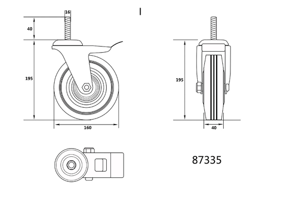 VOLANTE 160MM CON GOMA NEGRA, FRENO Y VASTAGO ROSCADO, CON RODAMIENTOS