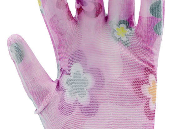 GARDEN POLYESTER GLOVES WITH PU PALM COATING WITH LIGHT ROSE FLOWER PRINTING