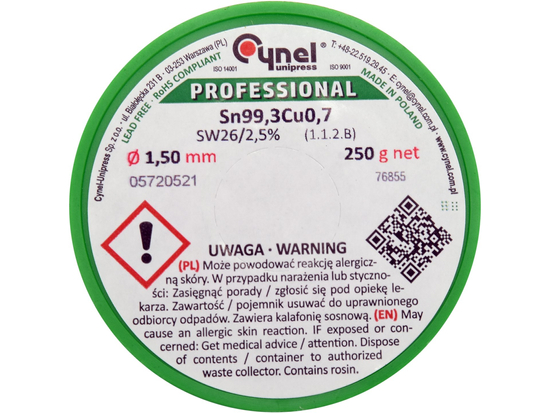 POJIVAČ, BEZOLOVATÝ PÁJKOVÝ DRÁT S TAVIDLEM NA CÍVCE 1,5MM, 250G, SN99,3CU0,7