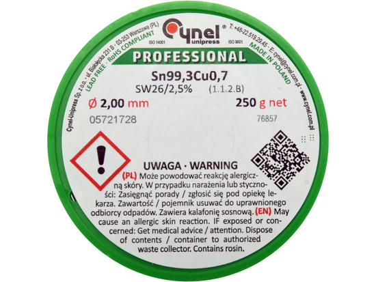 AGLUTINANTE, ALAMBRE DE SOLDADURA SIN PLOMO CON FUNDENTE EN CARRETE DE 2,0 MM, 250 G, SN99,3CU0.7