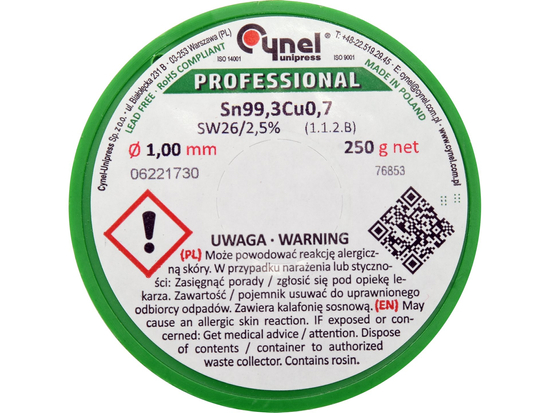 KÖTŐSZER, ÓLOMMENTES FORRASZTÓHUZAL FOLYASZTÁSSAL OSSÁRA 1,0MM, 250G, SN99,3CU0,7