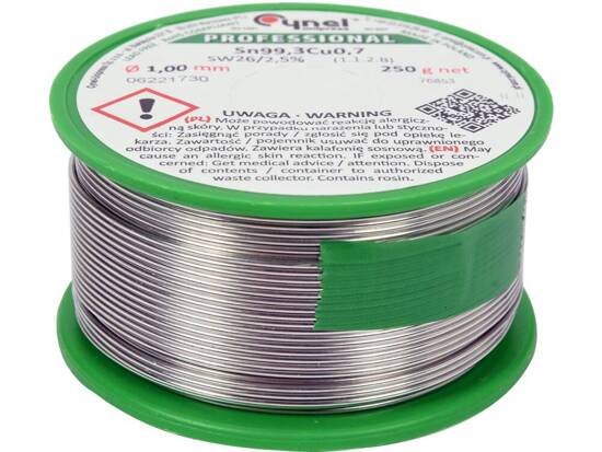 KÖTŐSZER, ÓLOMMENTES FORRASZTÓHUZAL FOLYASZTÁSSAL OSSÁRA 1,0MM, 250G, SN99,3CU0,7