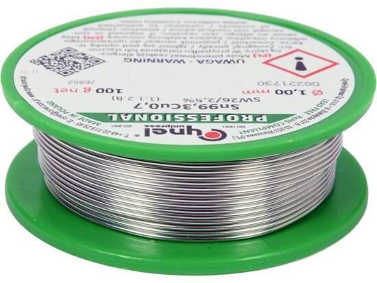 AGLUTINANTE, ALAMBRE DE SOLDADURA SIN PLOMO CON FUNDENTE EN CARRETE DE 1,0 MM, 100 G, SN99.3CU0.7