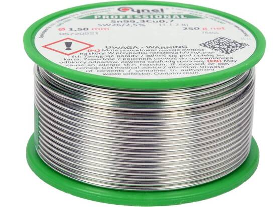 AGLUTINANTE, ALAMBRE DE SOLDADURA SIN PLOMO CON FUNDENTE EN CARRETE DE 1,5 MM, 250 G, SN99,3CU0.7