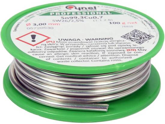 AGLUTINANTE, ALAMBRE DE SOLDADURA SIN PLOMO CON FUNDENTE EN CARRETE DE 3,0 MM, 100 G, SN99.3CU0.7